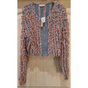 New In Shaggy Yarn Knit Zip-up Jacket NWT Size S Baby Blue & Pink